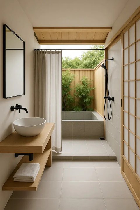 Inspirasi Kamar Mandi Semi Outdoor Bergaya Jepang (Image by ChatGPT)