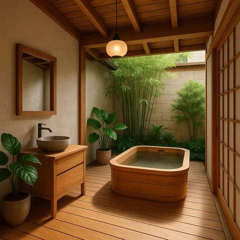 Inspirasi Kamar Mandi Semi Outdoor Bergaya Jepang (Image by ChatGPT)
