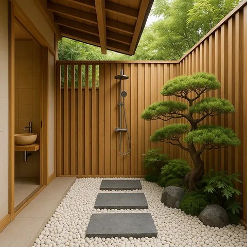 Inspirasi Kamar Mandi Semi Outdoor Bergaya Jepang (Image by ChatGPT)