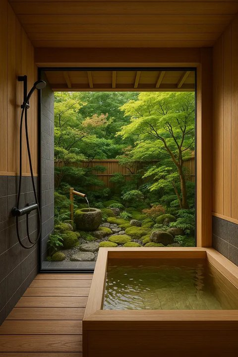Inspirasi Kamar Mandi Semi Outdoor Bergaya Jepang (Image by ChatGPT)