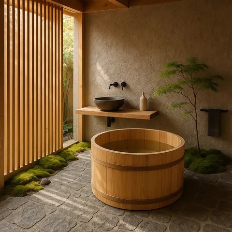 Inspirasi Kamar Mandi Semi Outdoor Bergaya Jepang (Image by ChatGPT)