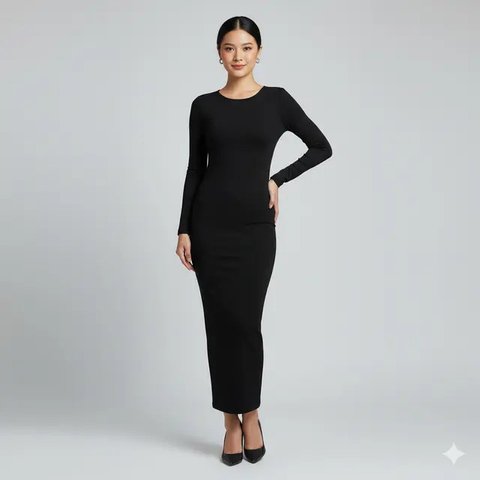Model Long Dress Bahan Spandeks dengan Potongan Bodycon Simpel. Gemini