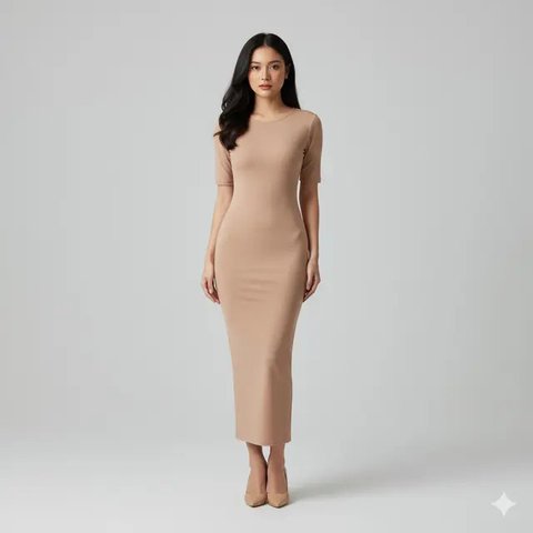 Model Long Dress Bahan Spandeks dengan Potongan Bodycon Simpel. Gemini