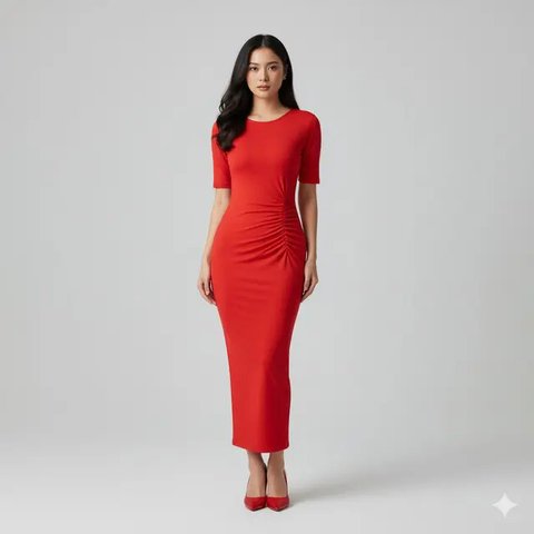 Model Long Dress Bahan Spandeks dengan Potongan Bodycon Simpel. Gemini