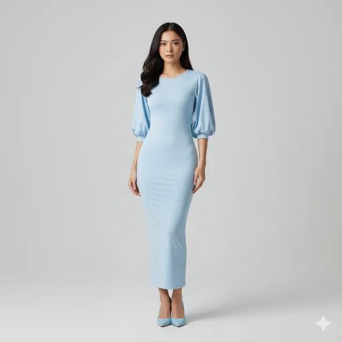 Model Long Dress Bahan Spandeks dengan Potongan Bodycon Simpel. Gemini