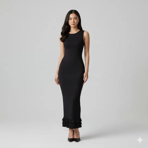 Model Long Dress Bahan Spandeks dengan Potongan Bodycon Simpel. Gemini