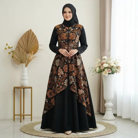 Model Gamis Batik Hitam Putih Simple Elegan Tren 2025. Foto: Gemini
