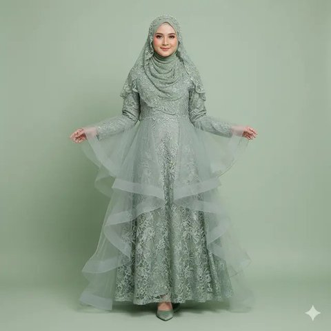 Model Gamis Warna Sage Green dengan Detail Brokat Floral untuk Akad Nikah. Gemini