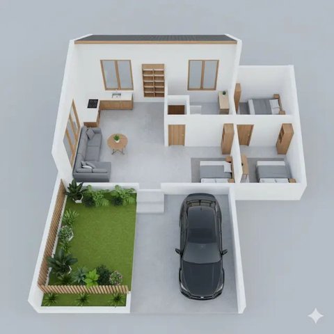 Denah Rumah Tipe 36 dengan Carport dan Taman Depan (Image by Gemini)