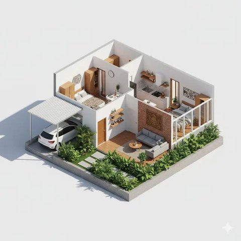 Denah Rumah Tipe 36 dengan Carport dan Taman Depan (Image by Gemini)