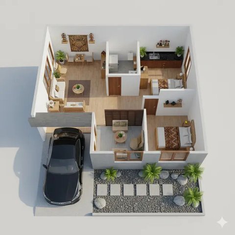 Denah Rumah Tipe 36 dengan Carport dan Taman Depan (Image by Gemini)