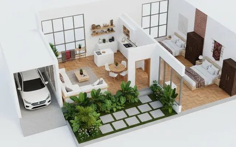 Denah Rumah Tipe 36 dengan Carport dan Taman Depan (Image by Gemini)