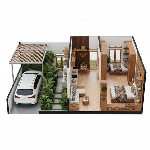 Denah Rumah Tipe 36 dengan Carport dan Taman Depan (Image by Gemini)