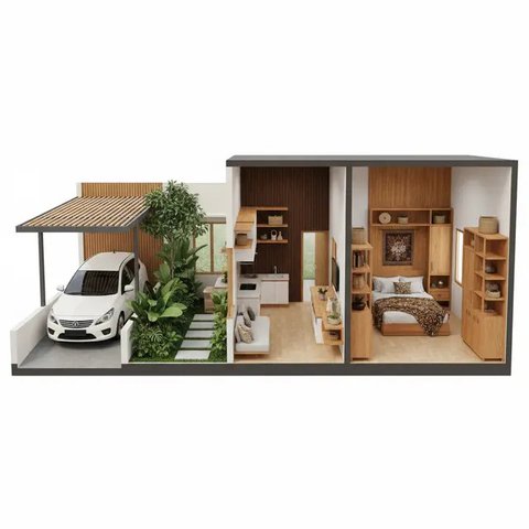 Denah Rumah Tipe 36 dengan Carport dan Taman Depan (Image by Gemini)