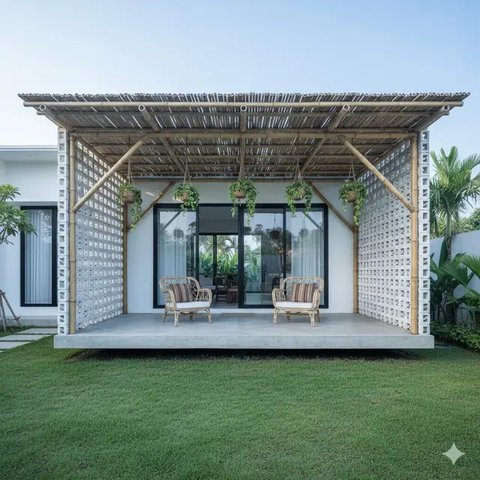 Teras Rumah Tanpa Tiang dengan Konsep Bambu (Image by Gemini)