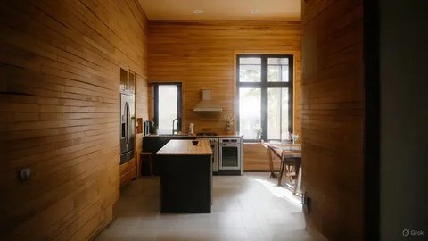 Model Dapur Rumah Sederhana dengan Dinding Kayu yang Tetap Elegan