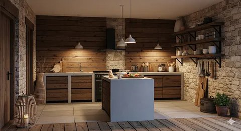 Model Dapur Rumah Sederhana dengan Dinding Kayu yang Tetap Elegan