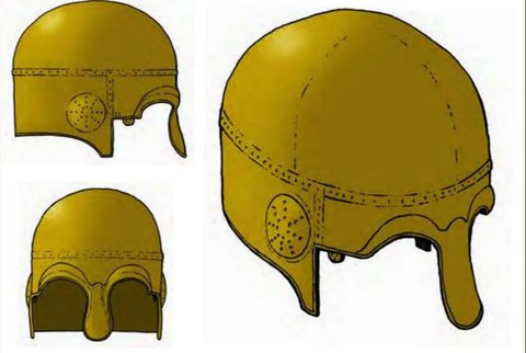 Ilustrasi helm Zaman Besi yang ditemukan di Snettisham, Norfolk, Inggris.
