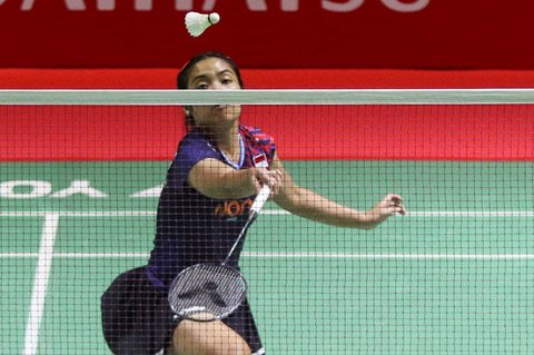 Pebulutangkis tunggal putri Indonesia, Gregoria Mariska Tunjung saat menghadapi wakil China Taipei, Lin Hsiang-Ti pada babak 16 besar Indonesia Masters 2025 di Istora Senayan, Jakarta, Kamis (23/1/2025).