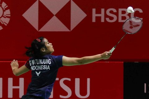 Pebulutangkis tunggal putri Indonesia, Gregoria Mariska Tunjung saat menghadapi wakil China Taipei, Lin Hsiang-Ti pada babak 16 besar Indonesia Masters 2025 di Istora Senayan, Jakarta, Kamis (23/1/2025).