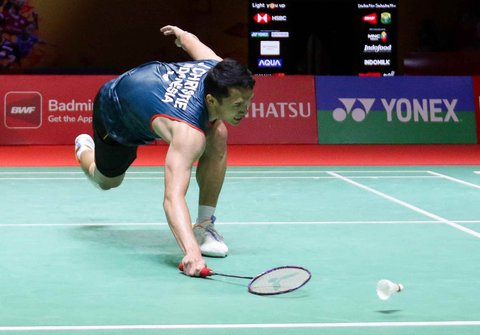 Tunggal putra Indonesia Jonatan Christie saat  mengalahkan Wakil Chinese Taipei Wang Tzu Wei dengan dua game langsung di Istora Senayan, Sabtu (25/1/2025) sore WIB.