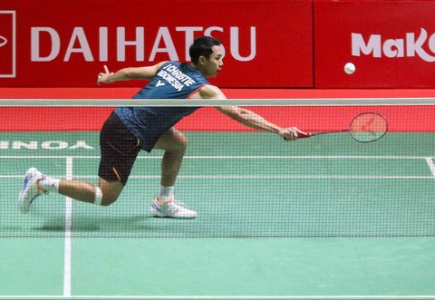 Tunggal putra Indonesia Jonatan Christie saat  mengalahkan Wakil Chinese Taipei Wang Tzu Wei dengan dua game langsung di Istora Senayan, Sabtu (25/1/2025) sore WIB.