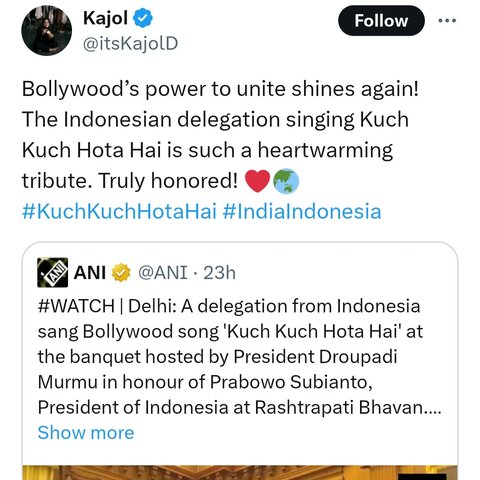 Kajol Bollywood Tersanjung Menteri 'Anak Ideologis' Prabowo & Mayor Teddy Nyanyi 'Kuch Kuch Hota Hai'