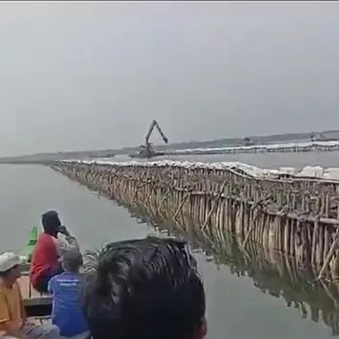 Sebuah video viral memperlihatkan aktivitas pemagaran laut di wilayah Kabupaten Bekasi, Jawa Barat. (Foto: Istimewa/Tangkapan Layar Akun TikTok @riesamsadewa)