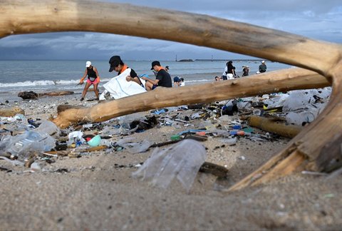 Relawan dan wisatawan membersihkan sampah plastik yang terdampar di pantai Kedonganan, Kabupaten Badung, Pulau Bali, Indonesia, (04/01/2024)