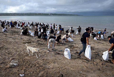 Relawan dan wisatawan membersihkan sampah plastik yang terdampar di pantai Kedonganan, Kabupaten Badung, Pulau Bali, Indonesia, (04/01/2024)