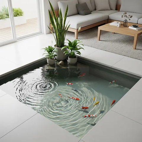model kolam ikan di ruang tengah yang minimalis (created by AI)