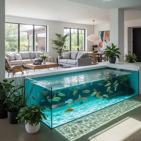 model kolam ikan di ruang tengah yang minimalis (created by AI)