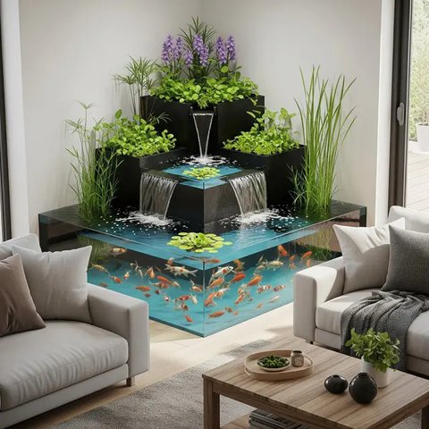 model kolam ikan di ruang tengah yang minimalis (created by AI)