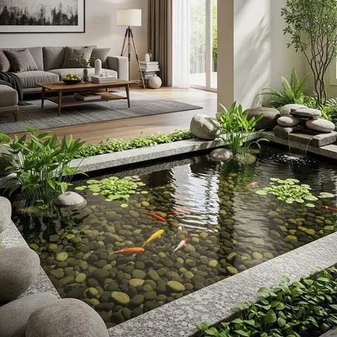 model kolam ikan di ruang tengah yang minimalis (created by AI)