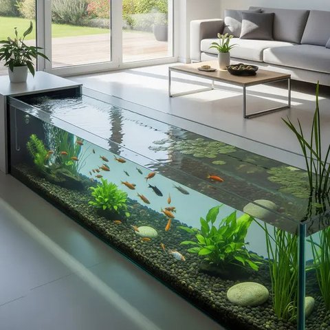 model kolam ikan di ruang tengah yang minimalis (created by AI)