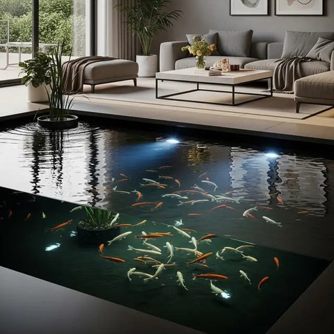 model kolam ikan di ruang tengah yang minimalis (created by AI)