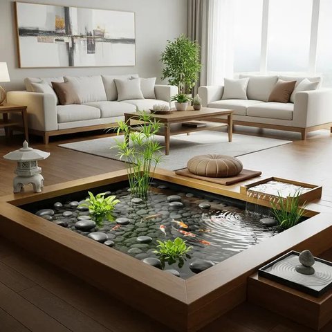 model kolam ikan di ruang tengah yang minimalis (created by AI)