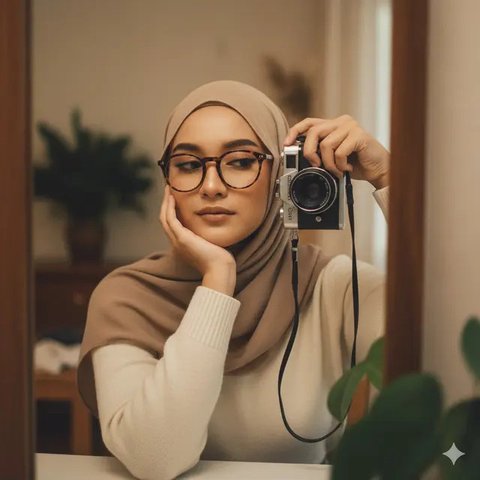 Prompt Mirror Selfie Wanita Berhijab dengan Nuansa Vintage (Gemini AI)