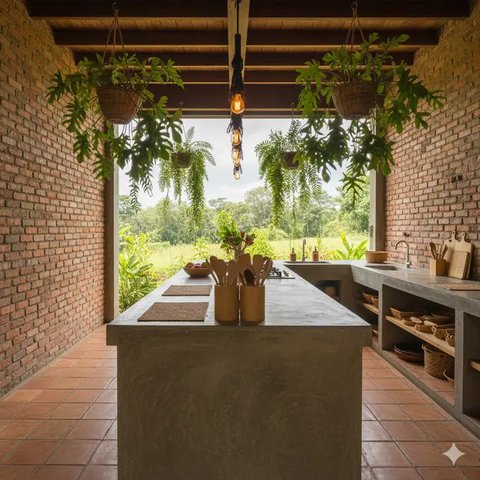 Model Dapur Rustic Tropis dengan Pencahayaan Alami dan Dinding Bata Merah. Gemini