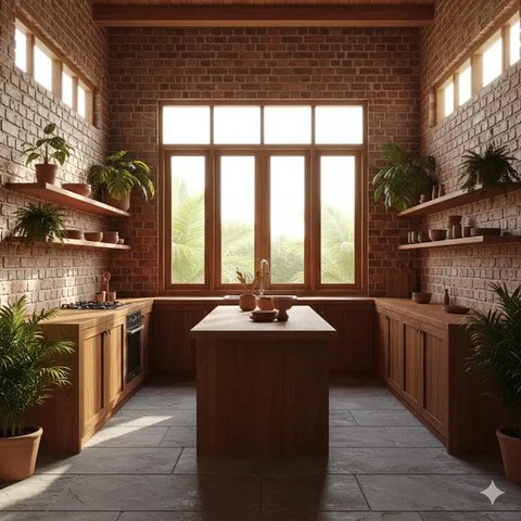 Model Dapur Rustic Tropis dengan Pencahayaan Alami dan Dinding Bata Merah. Gemini