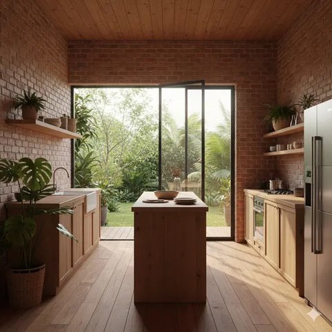 Model Dapur Rustic Tropis dengan Pencahayaan Alami dan Dinding Bata Merah. Gemini