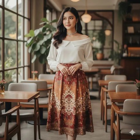 Model Baju yang Cocok dengan Rok Batik Midi (created by AI)