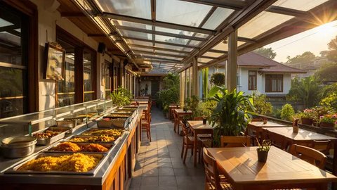 Desain Warung Prasmanan di Teras Rumah dengan Etalase Kaca Panjang (Gemini AI)