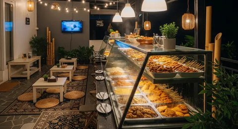 Desain Warung Prasmanan di Teras Rumah dengan Etalase Kaca Panjang (Gemini AI)