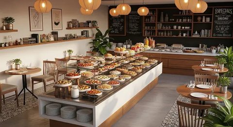 Desain Warung Prasmanan di Teras Rumah dengan Etalase Kaca Panjang (Gemini AI)