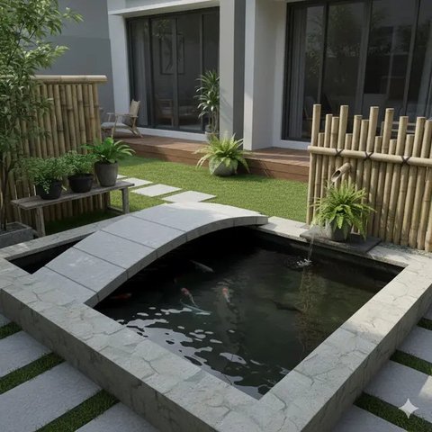 Model Kolam Ikan Batu Alam dan Bambu (created by AI)