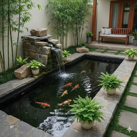 Model Kolam Ikan Batu Alam dan Bambu (created by AI)