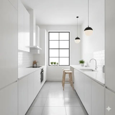 Dapur Rumah Sempit Tanpa Sekat dengan Konsep Terbuka. Gemini