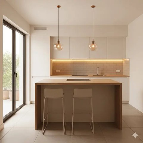 Dapur Rumah Sempit Tanpa Sekat dengan Konsep Terbuka. Gemini