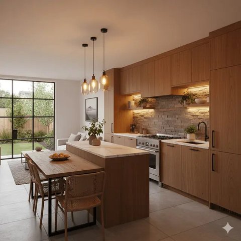 Dapur Rumah Sempit Tanpa Sekat dengan Konsep Terbuka. Gemini